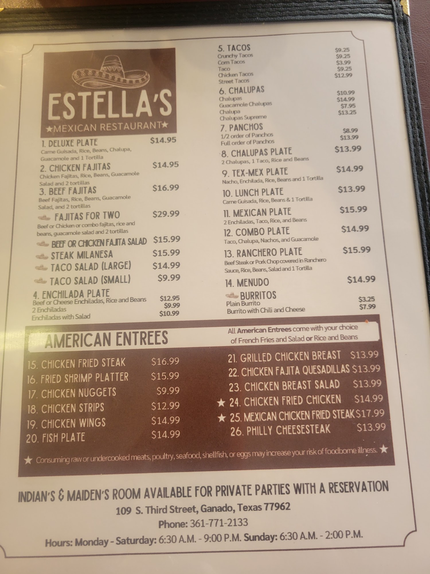 Estella's Mexican Restaurant Menu