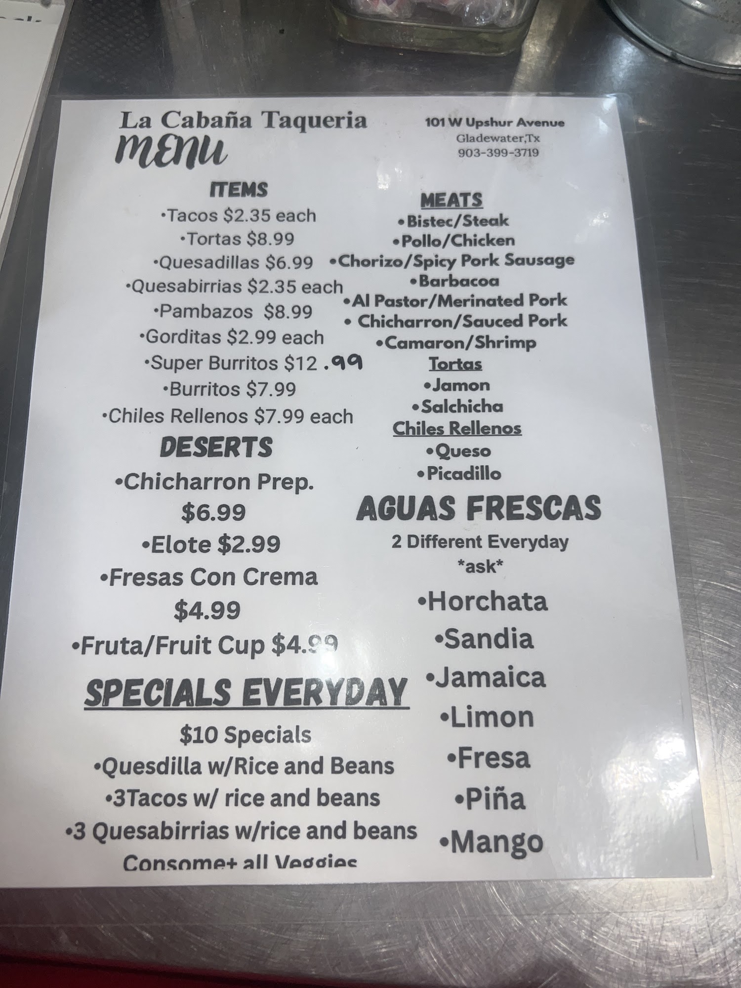 La Cabaña Menu