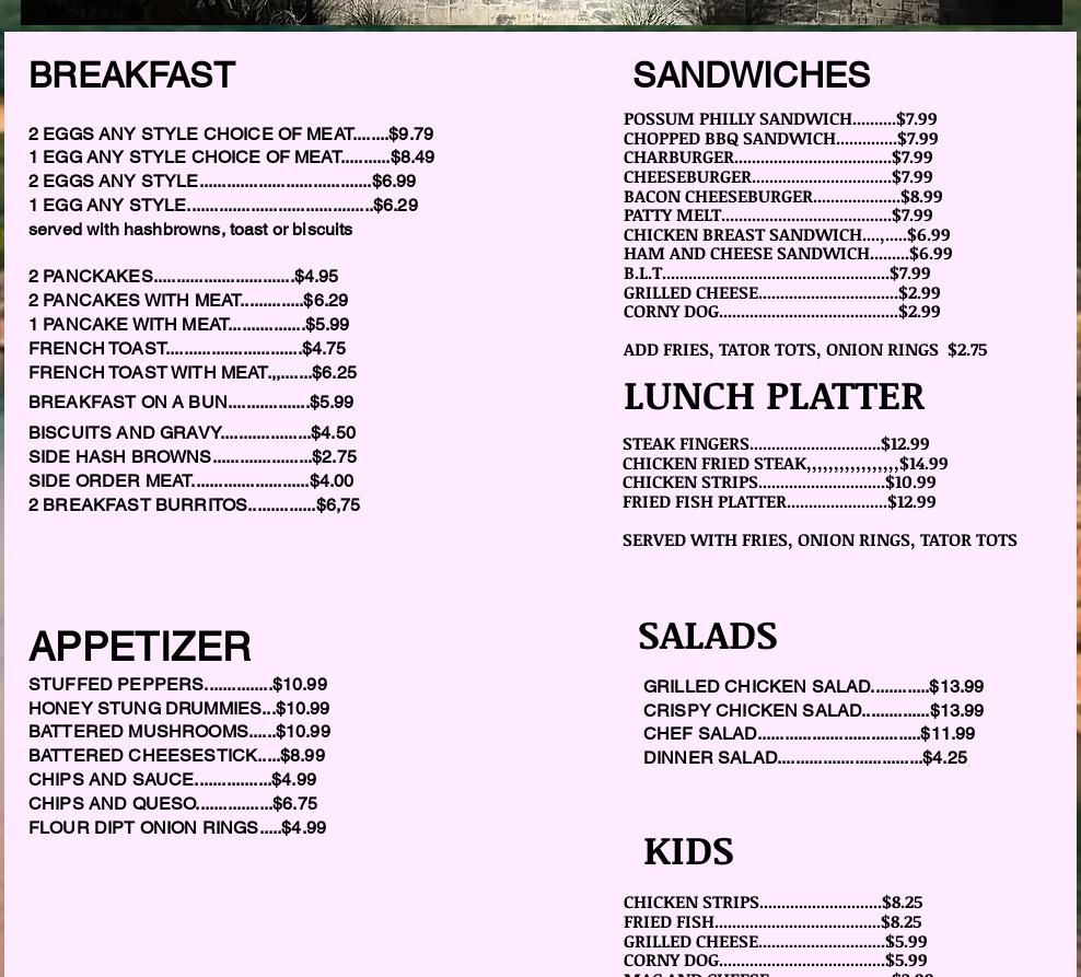 Possum Hollow Camp Menu