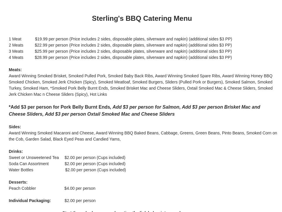 Sterling's BBQ Menu