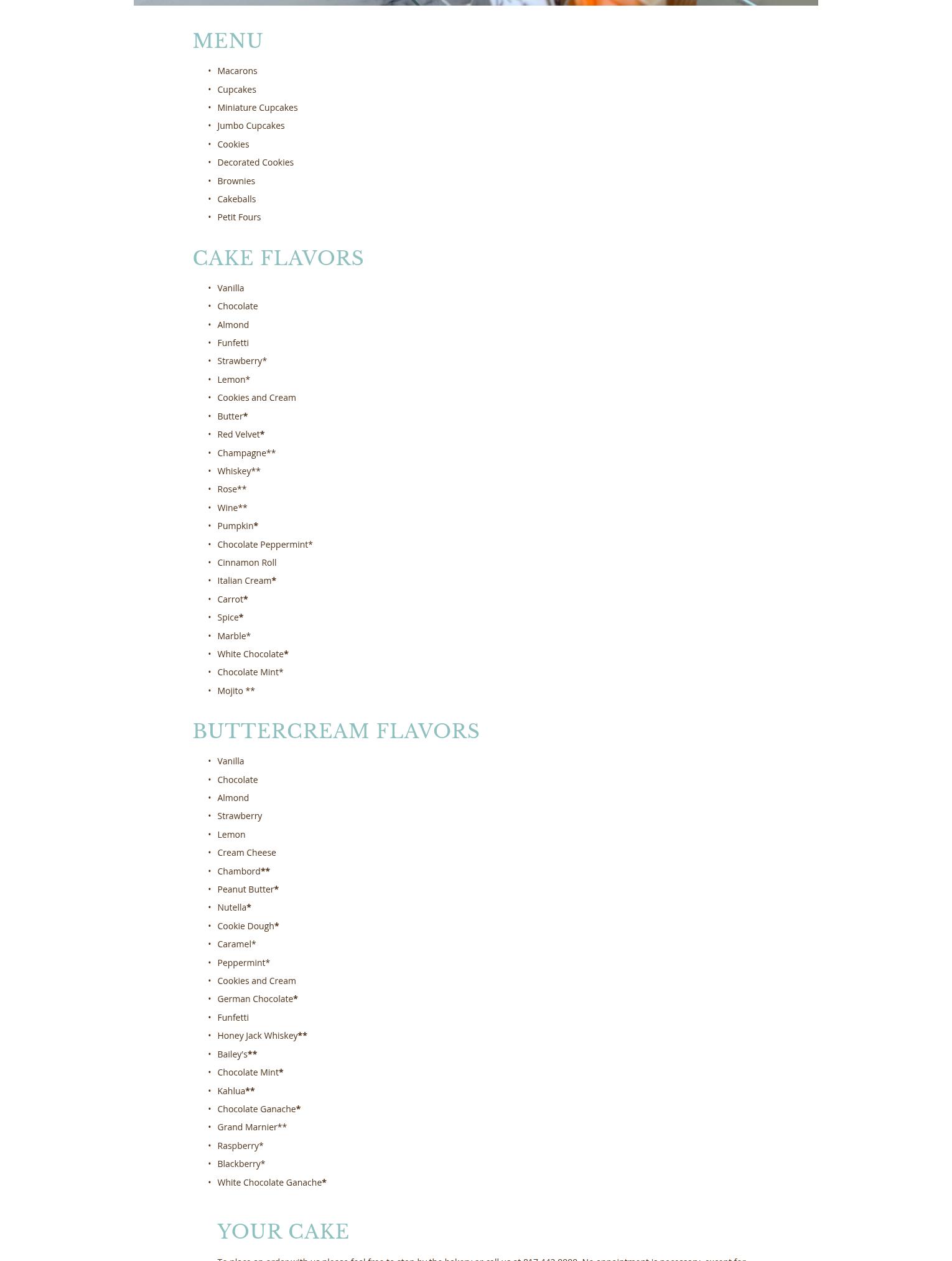 Legacy Cakes Menu