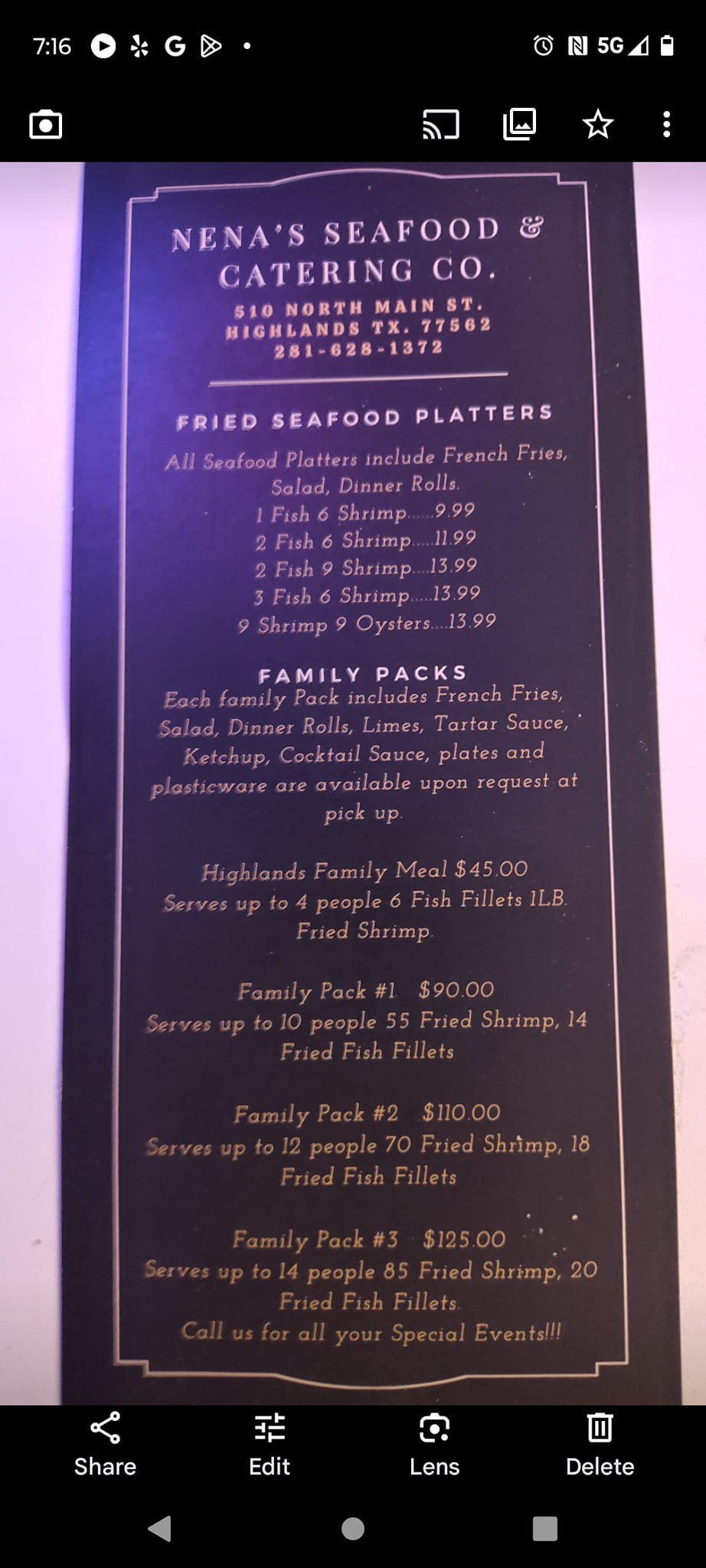 Nena's Seafood and Catering Co, Menu