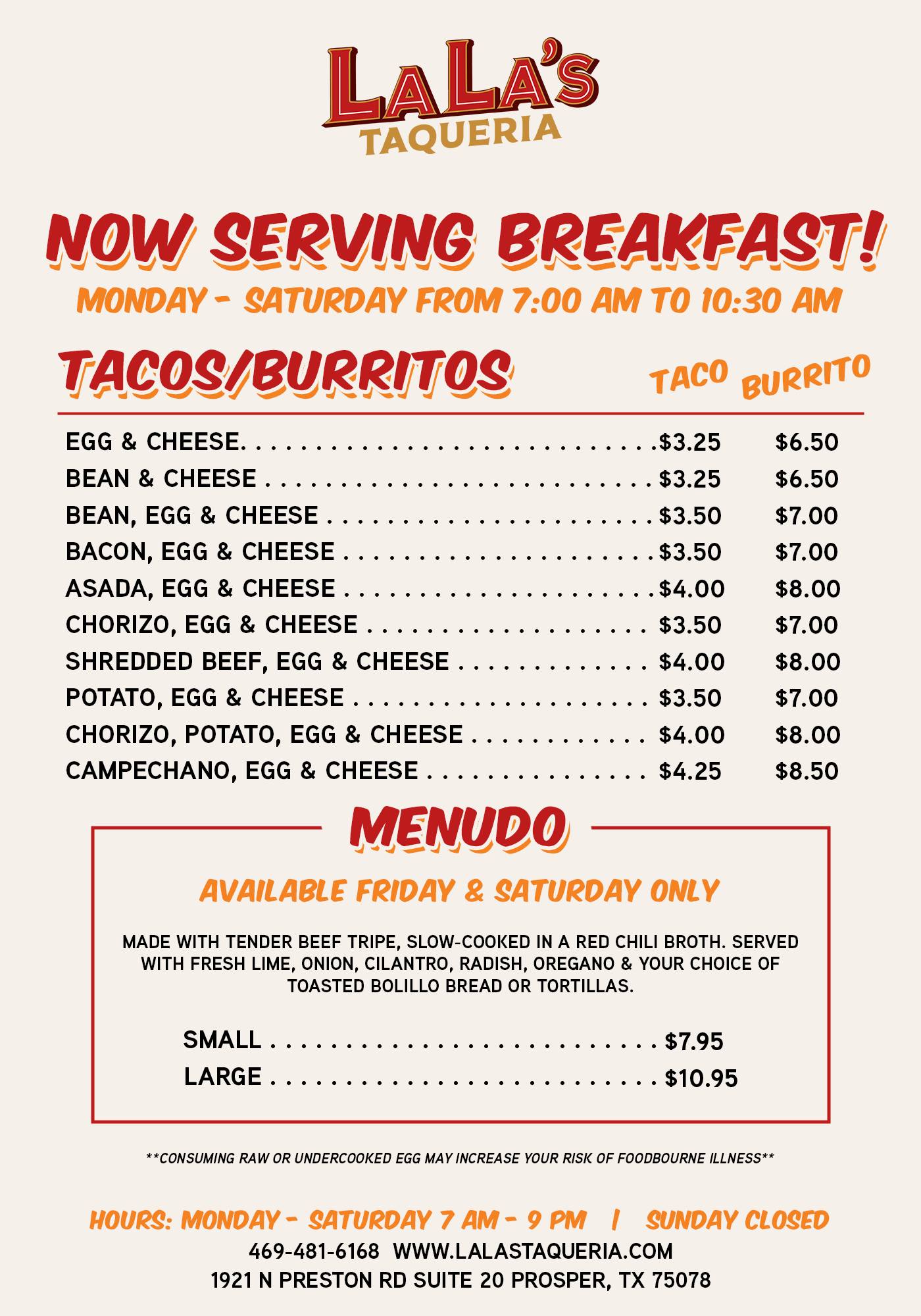 Lala’s Taqueria Menu