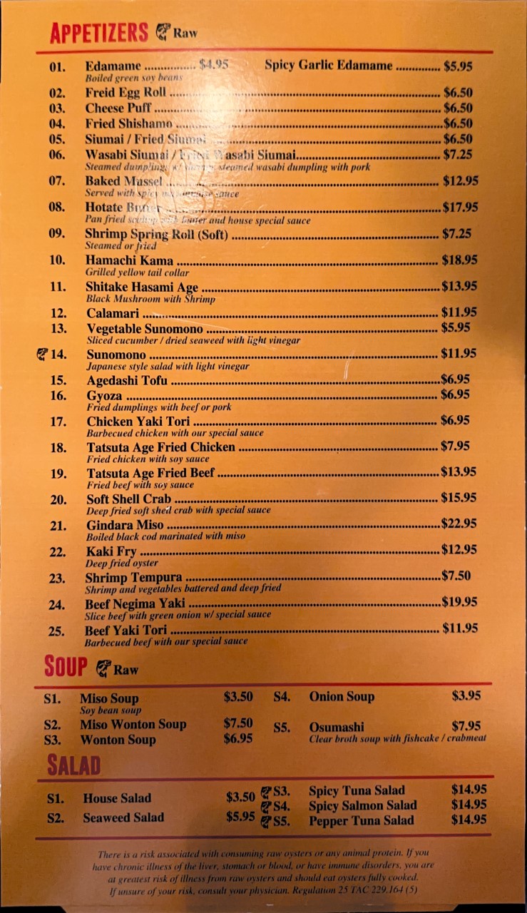 Osaka Japanese Restaurant Bellaire Menu