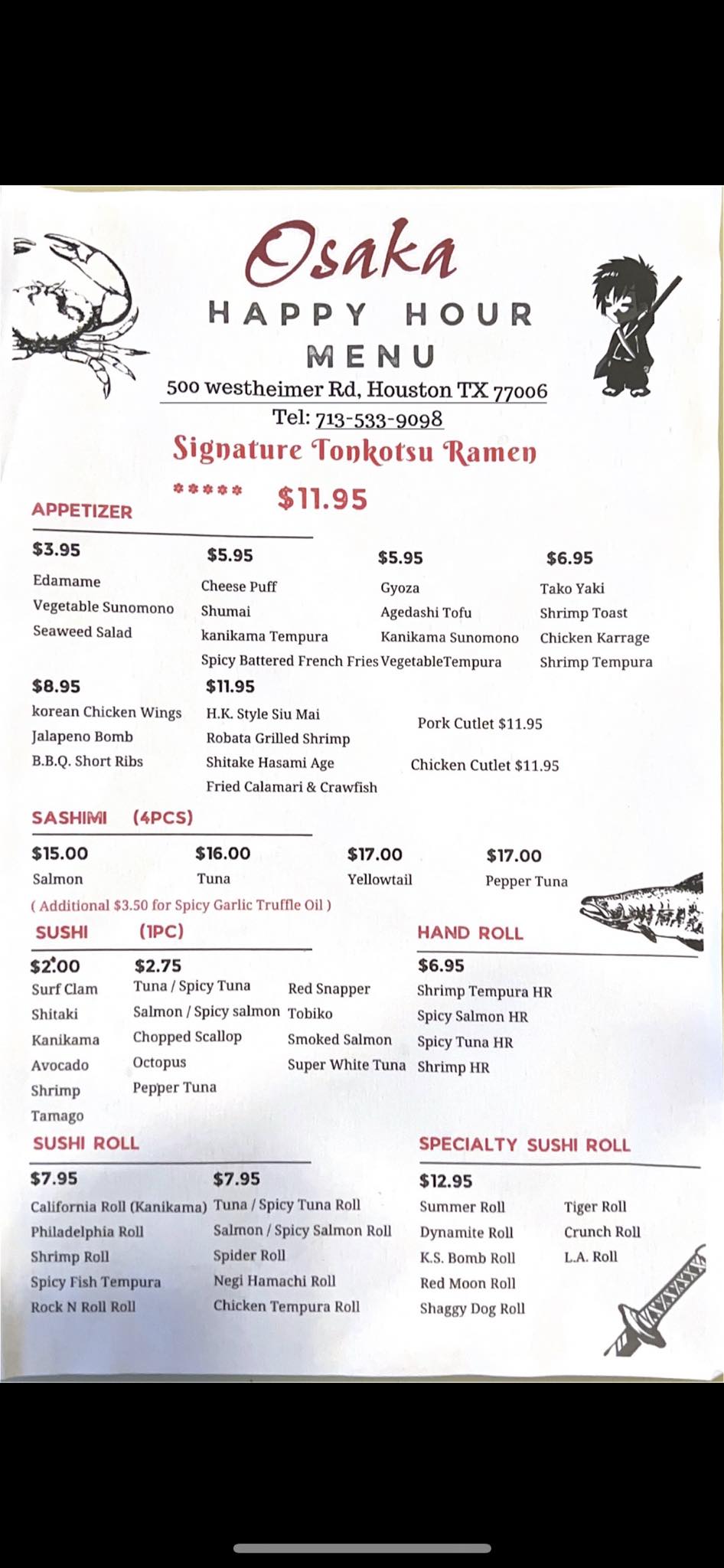 Osaka Japanese Restaurant Bellaire Menu