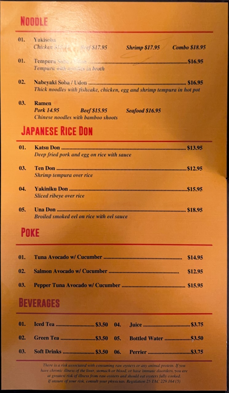 Osaka Japanese Restaurant Bellaire Menu