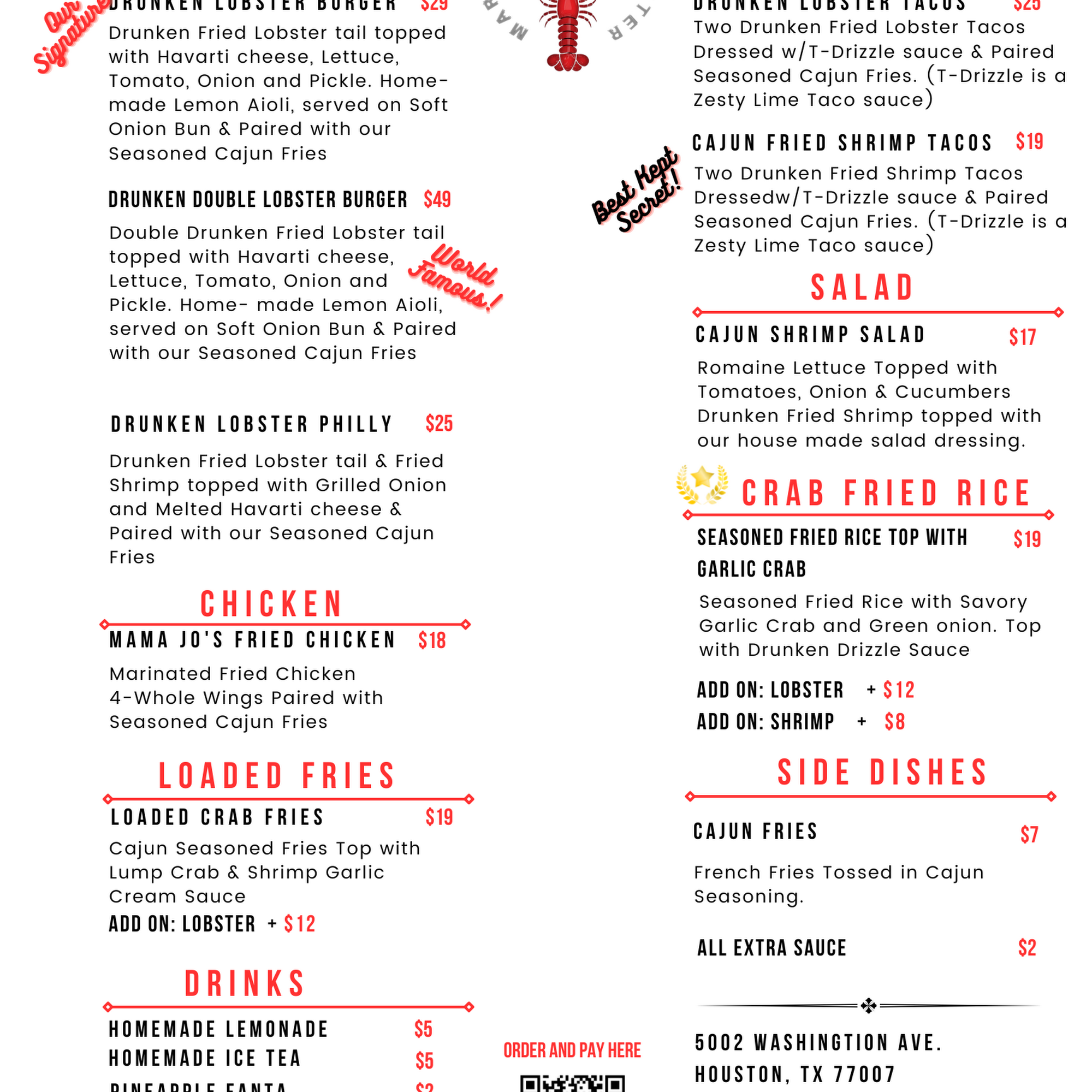 Margeaux's Drunken Lobster Menu