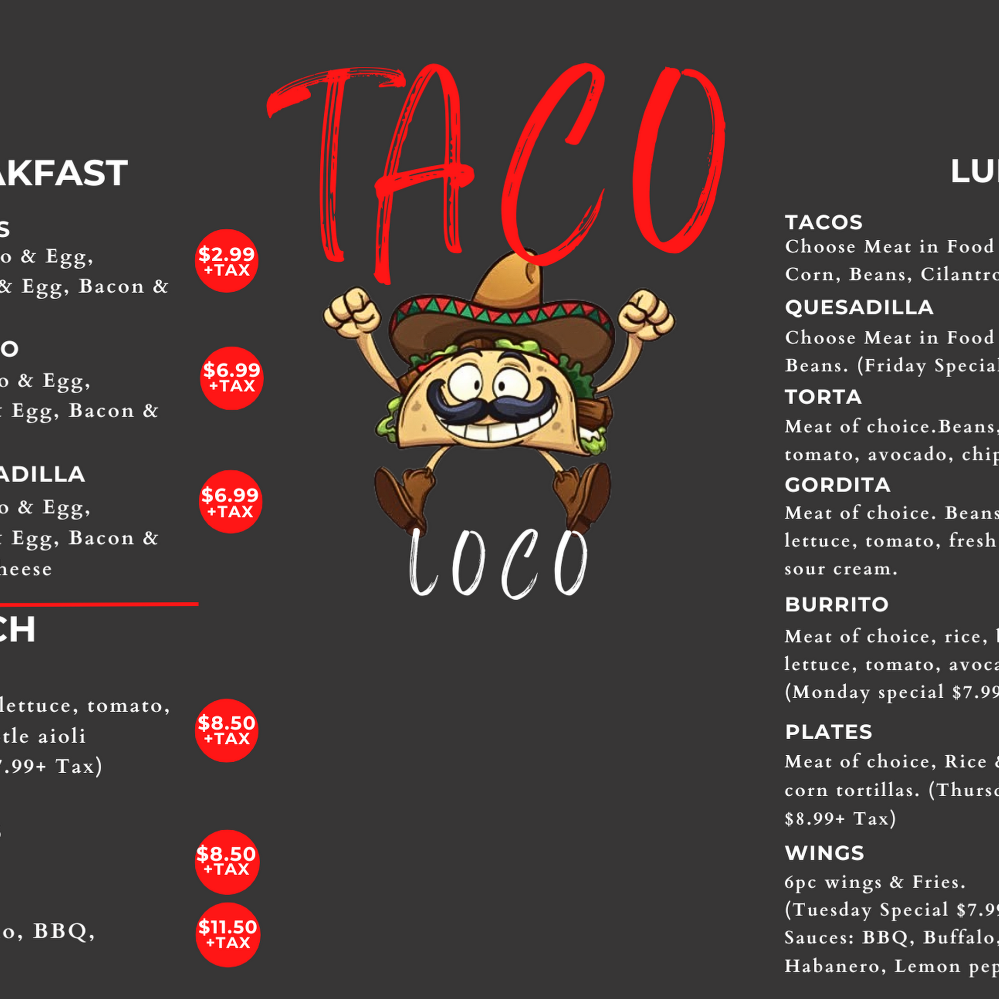 Taco Loco Menu
