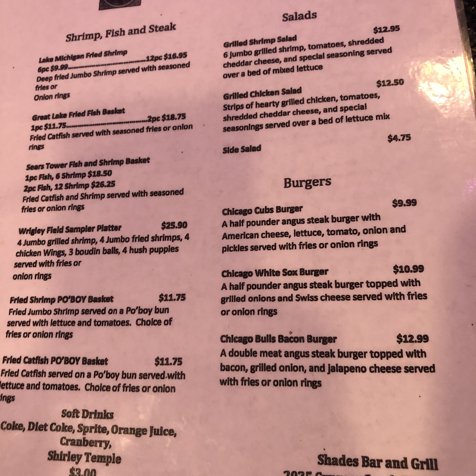Shades Bar & Grill Menu
