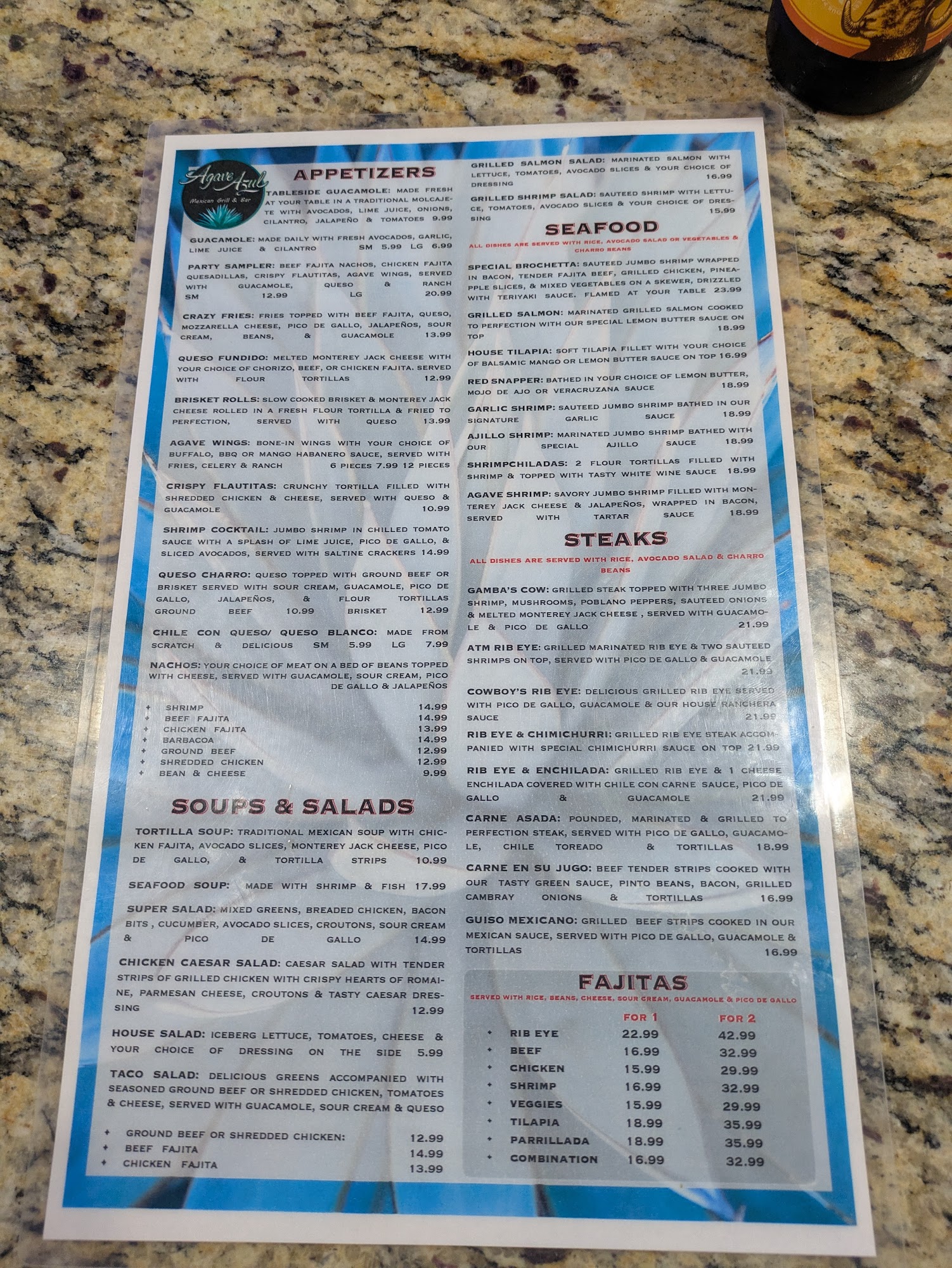 Agave Azul Menu