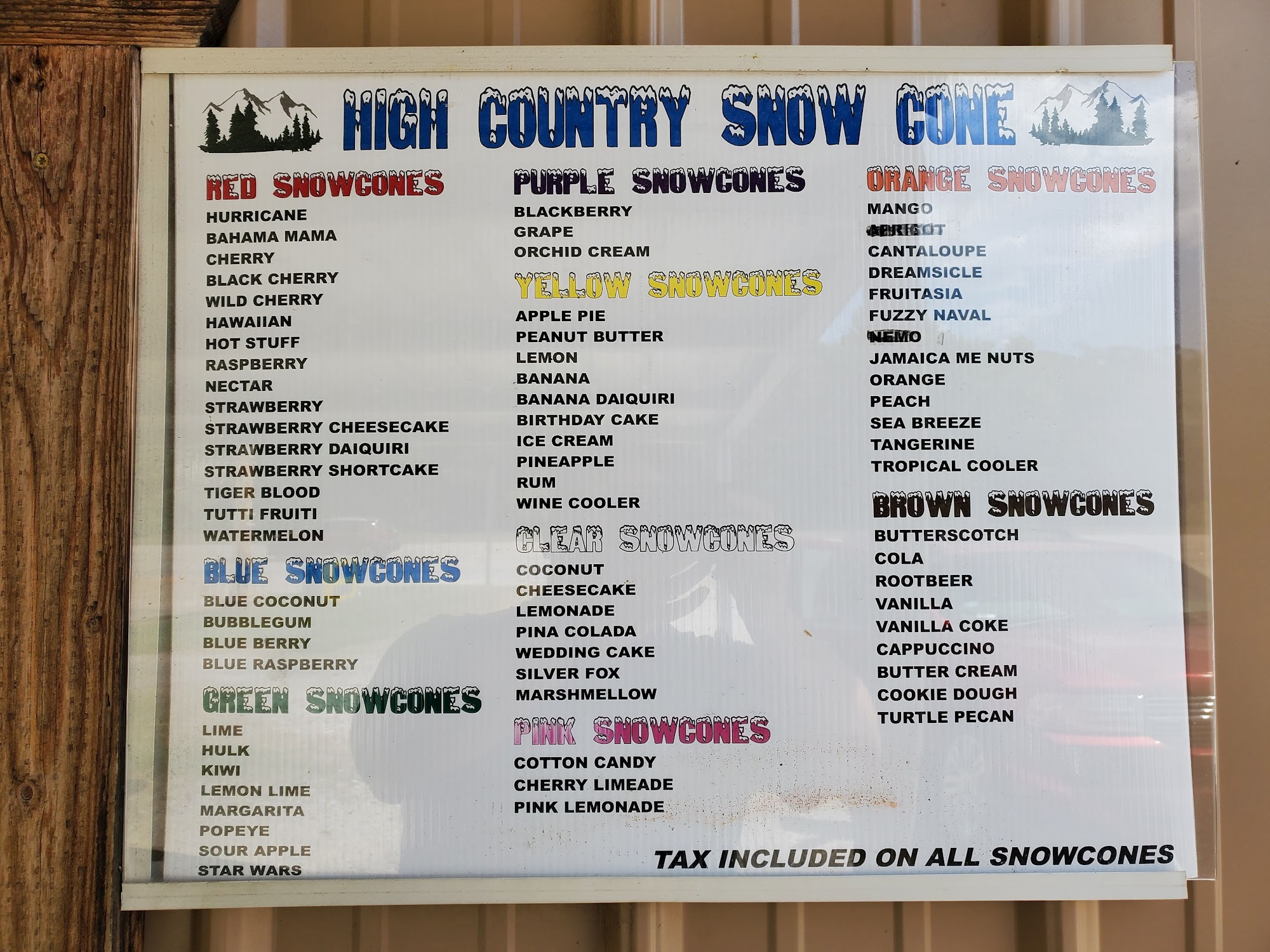 High Country Snow Cone Menu