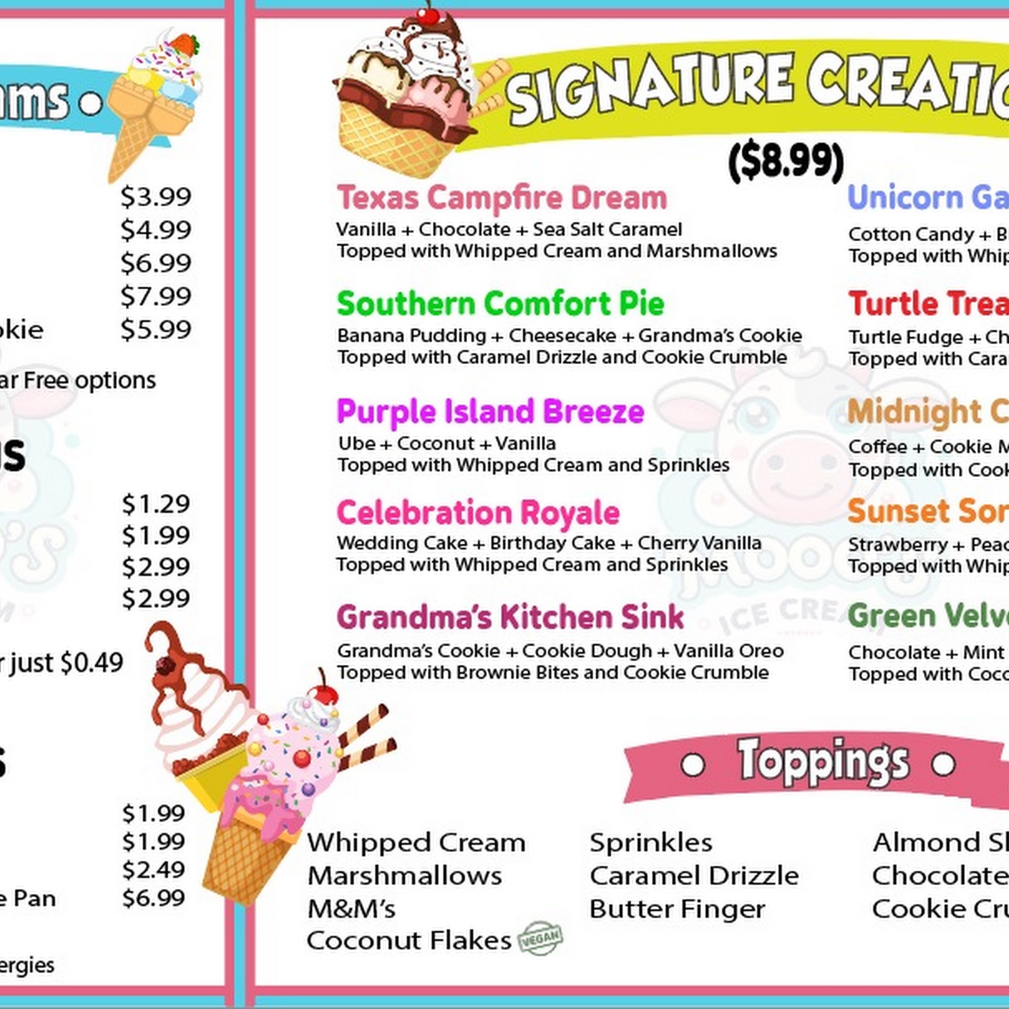 Mooo's Ice Cream Menu