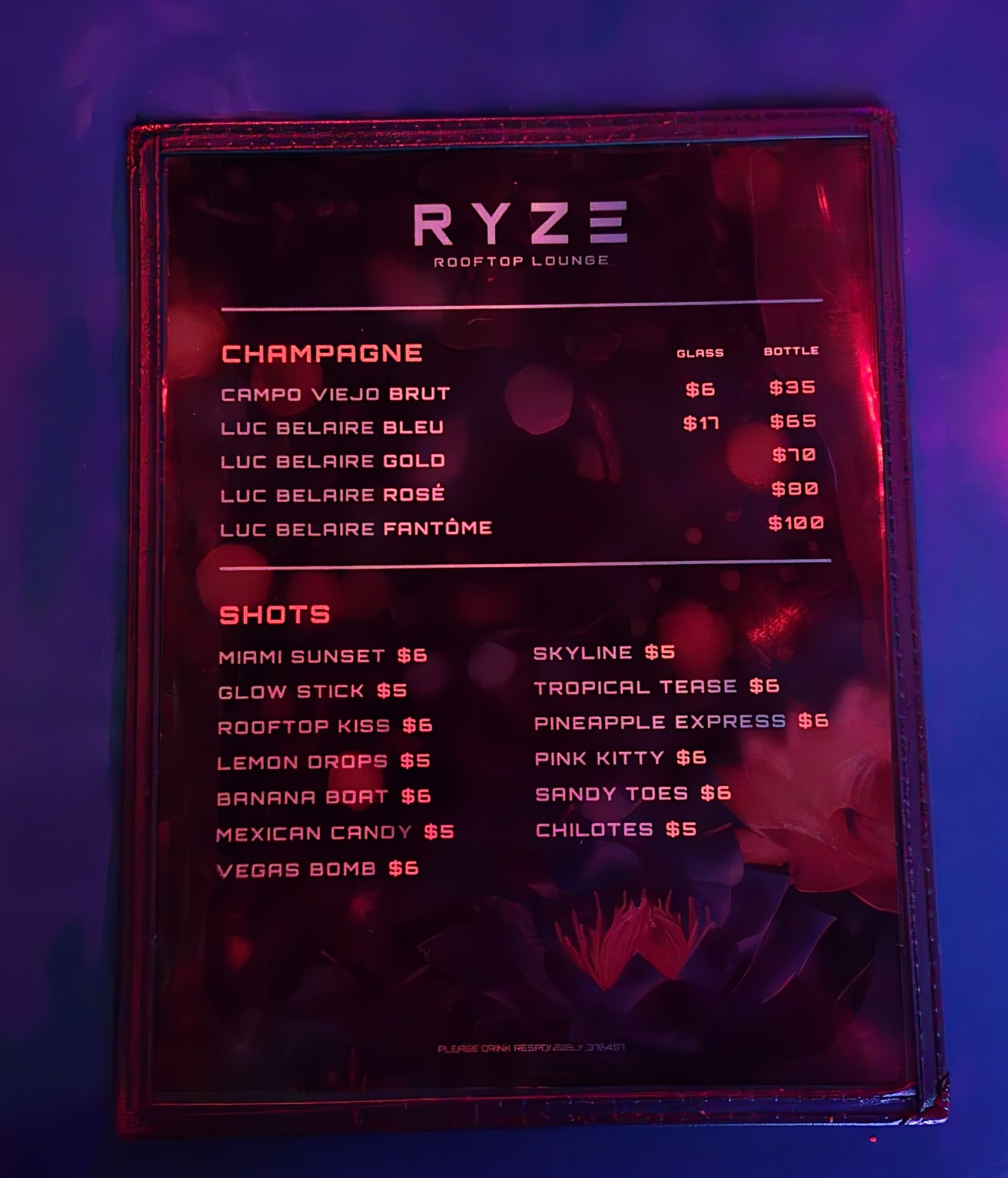 RYZE ROOFTOP LOUNGE Menu