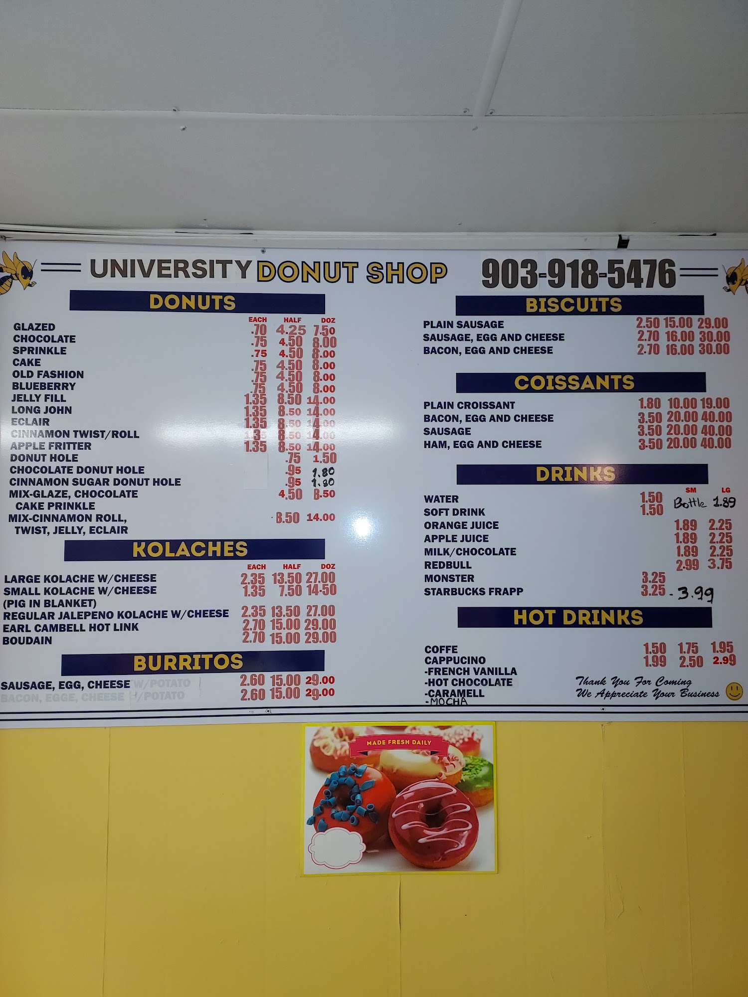 University Donuts Menu