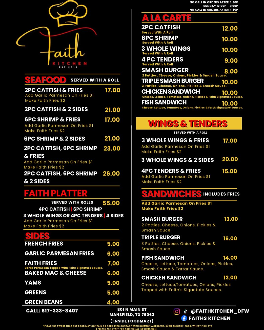 Faith Kitchen Menu