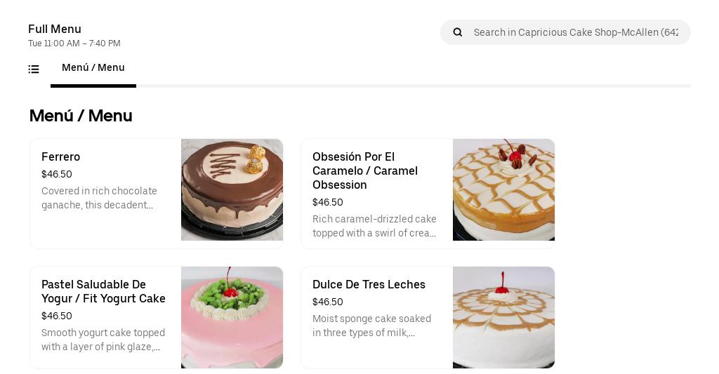 Capricious Cake Shop-La Plaza Menu
