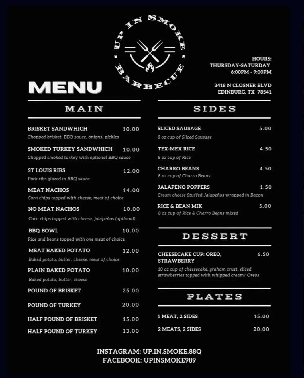 Up in Smoke BBQ Menu