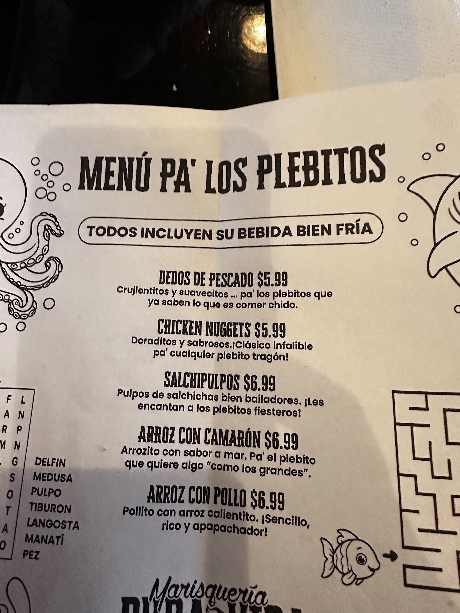 Marisquería Pura Vida Menu