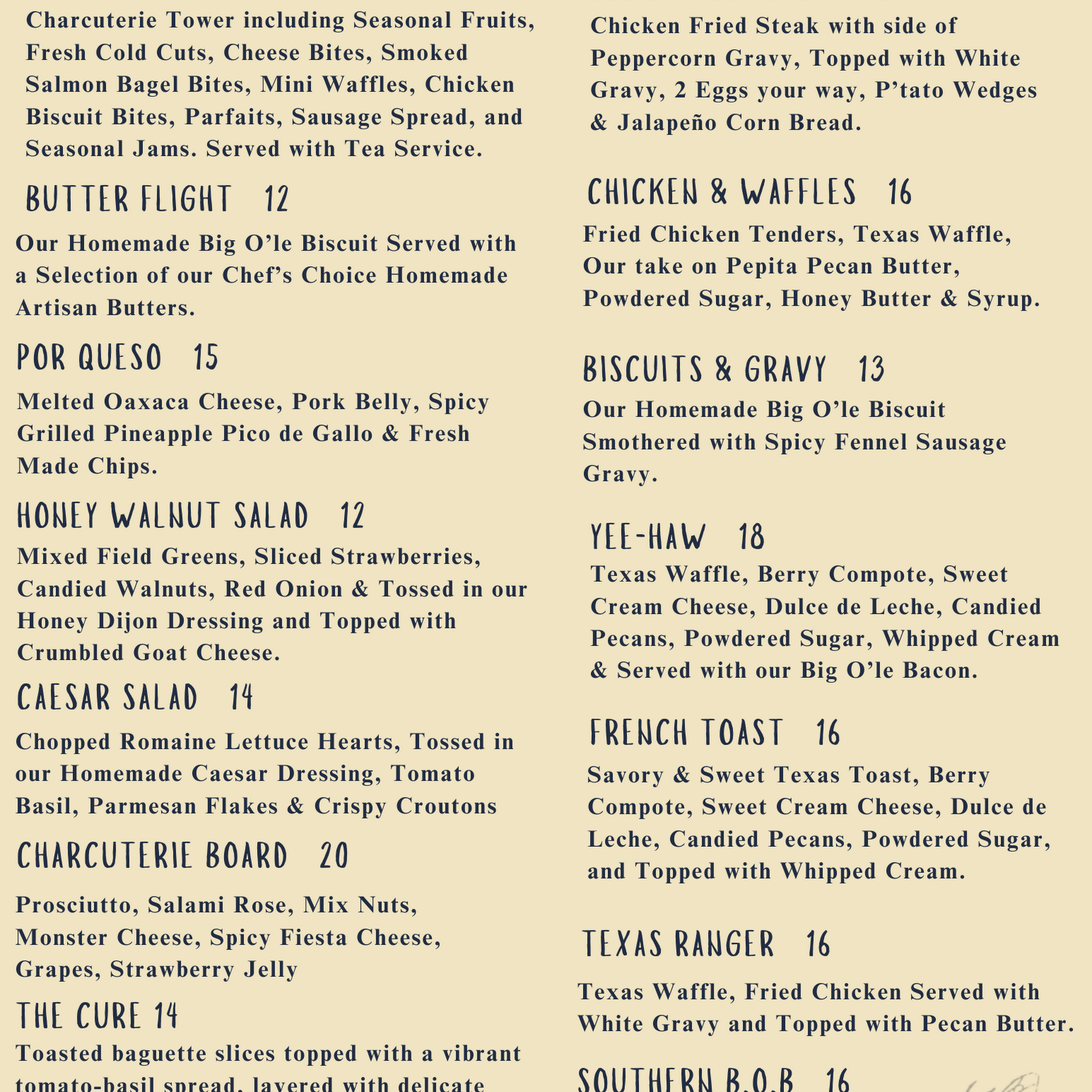 Southern Pour Sips & Bites Menu