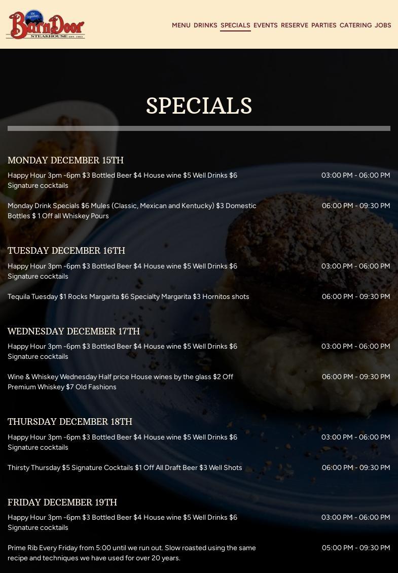 Barn Door Steakhouse's South Forty Banquet Hall Menu
