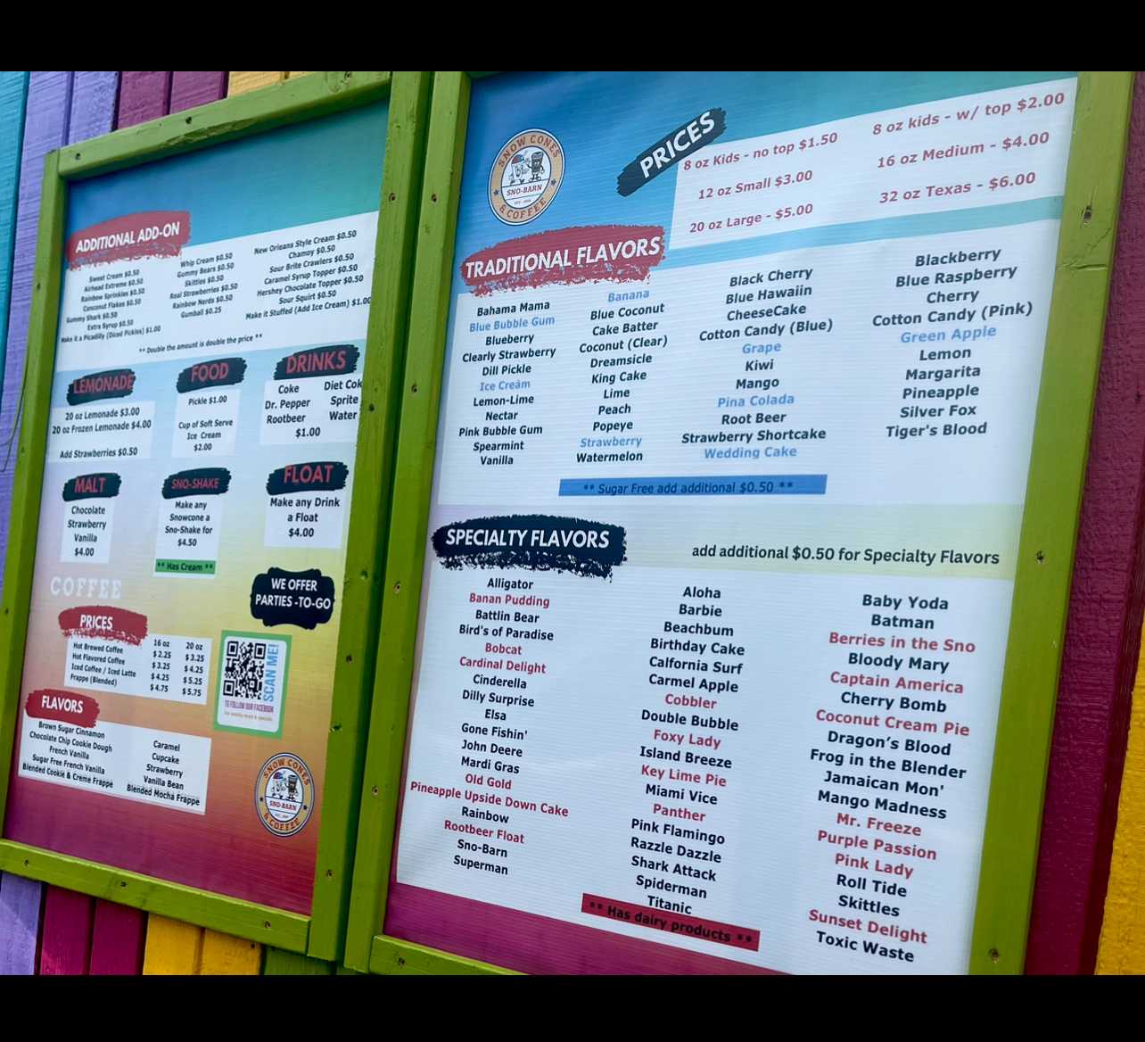 Sno-Barn Menu