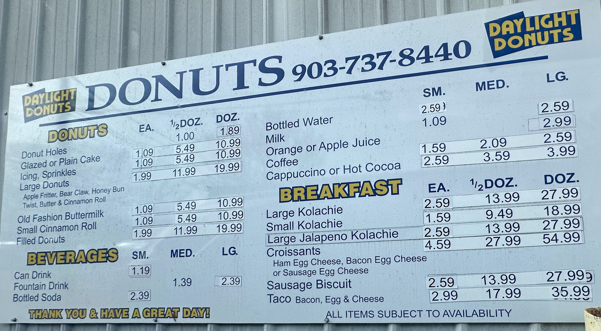 Daylight Donuts Menu