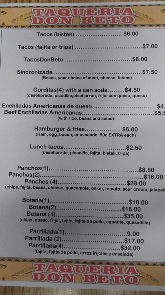 Taqueria Don Beto Menu