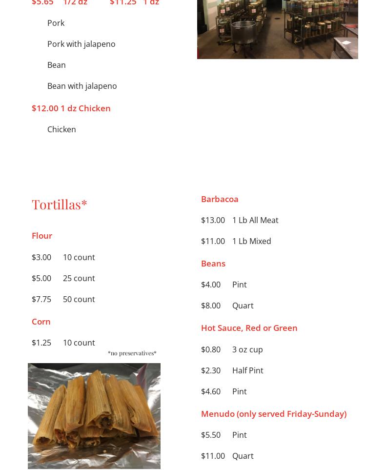 Del Rio Tortilla Factory Menu