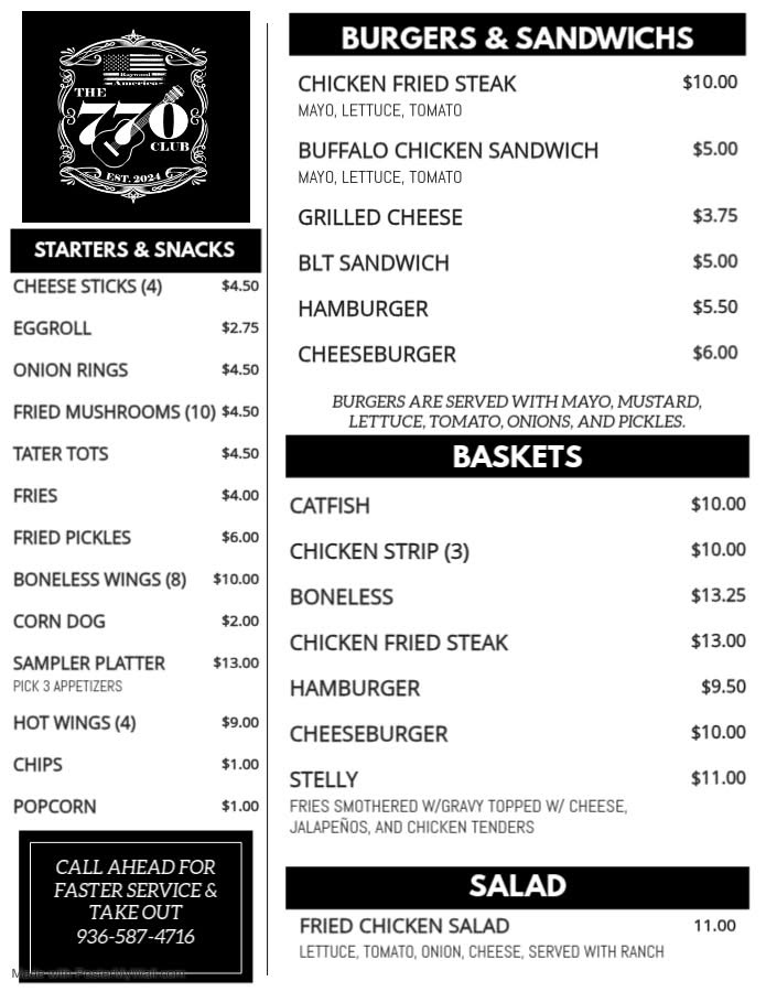 The 770 Club Menu