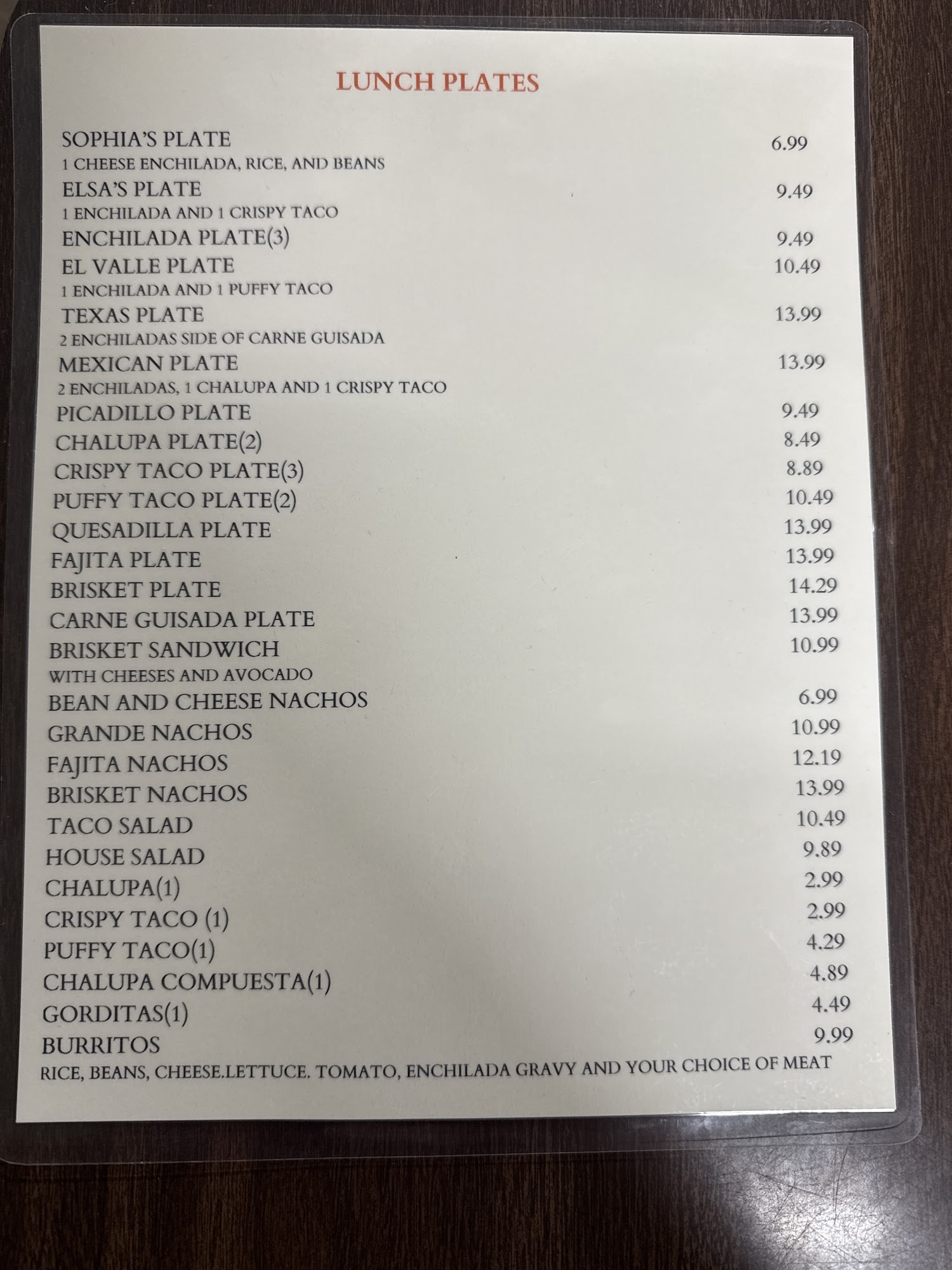 El Valle De Mexico Menu