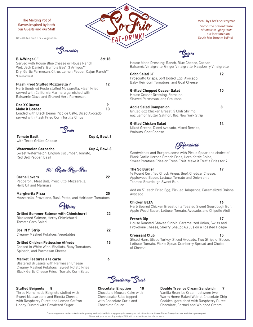 SoFrio's Eat + Drink! Menu