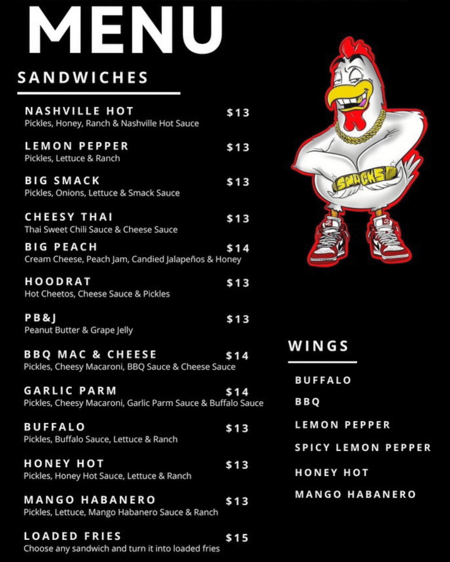 Smacks chicken shack Menu