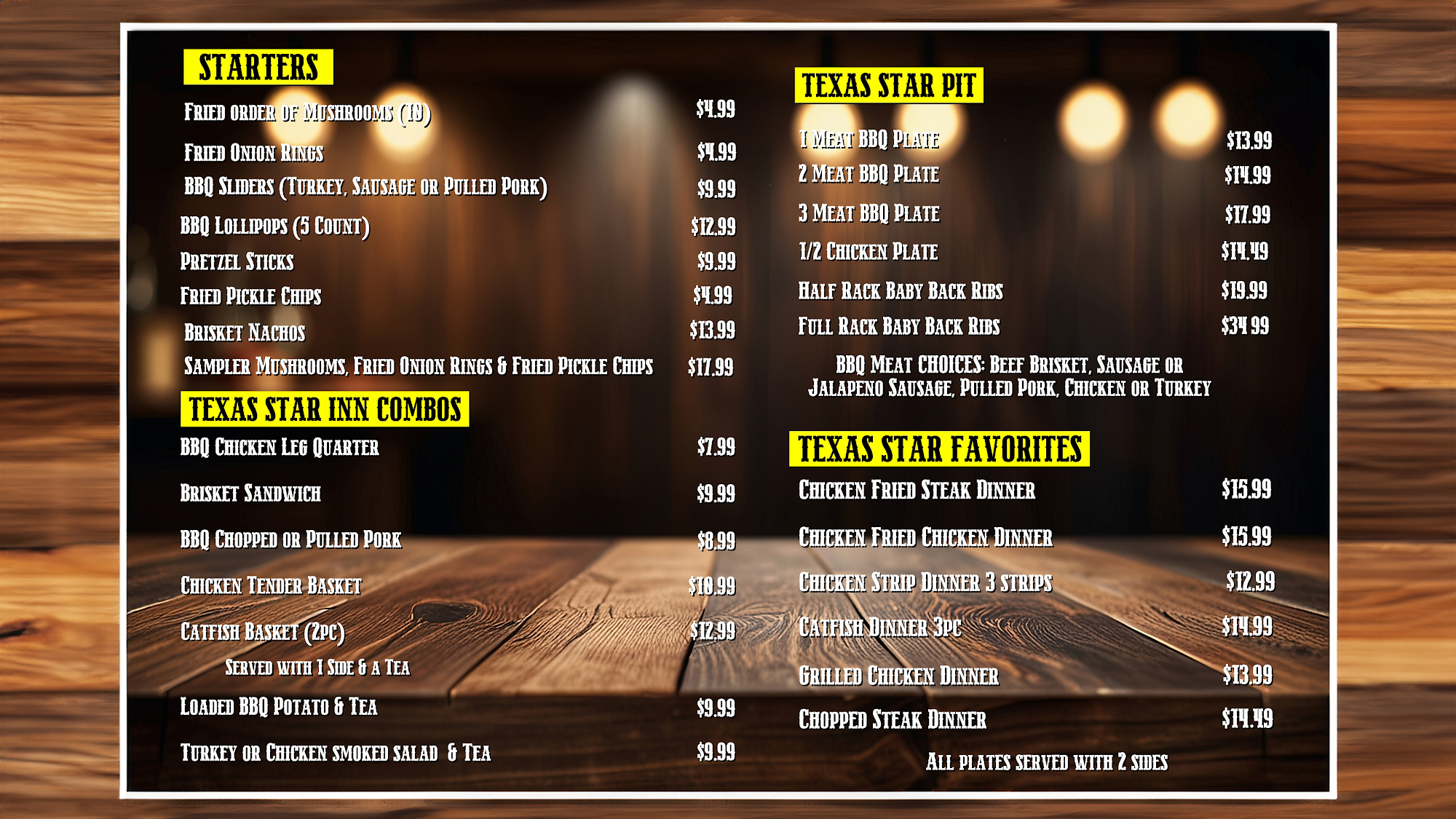 Texas Star Inn Menu