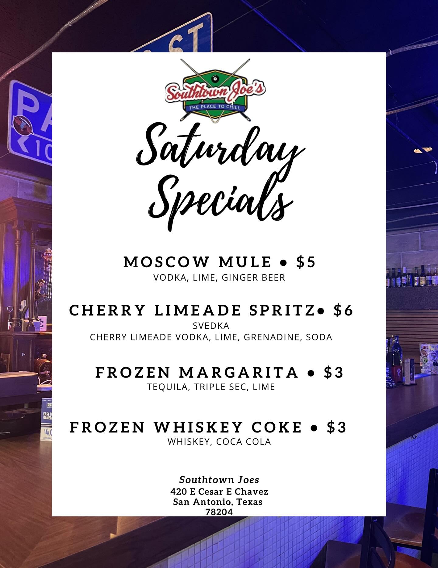Southtown Joes Bar and Event Center Menu