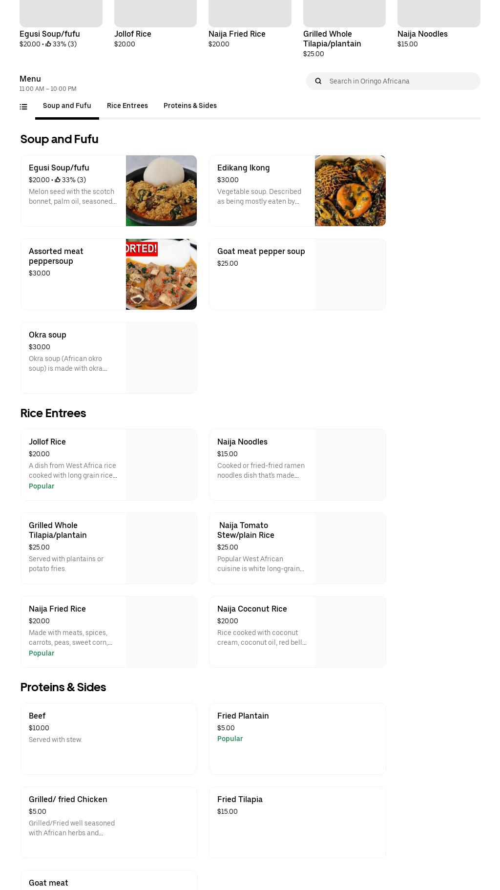 Oringo Africana Menu