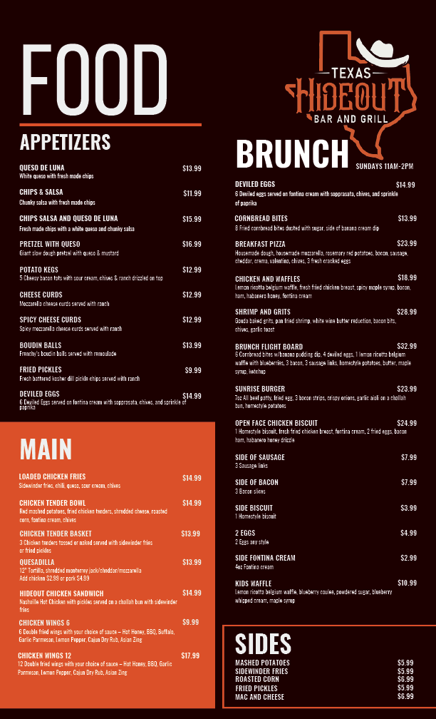Texas Hideout Menu