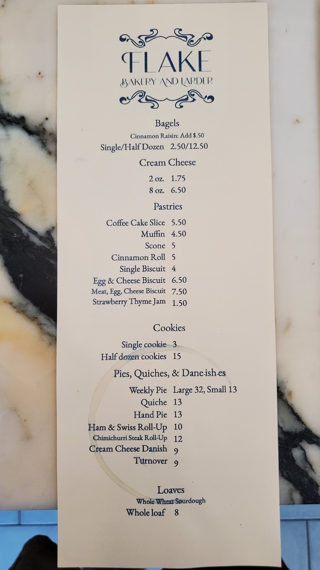 Flake Bakery and Larder Menu