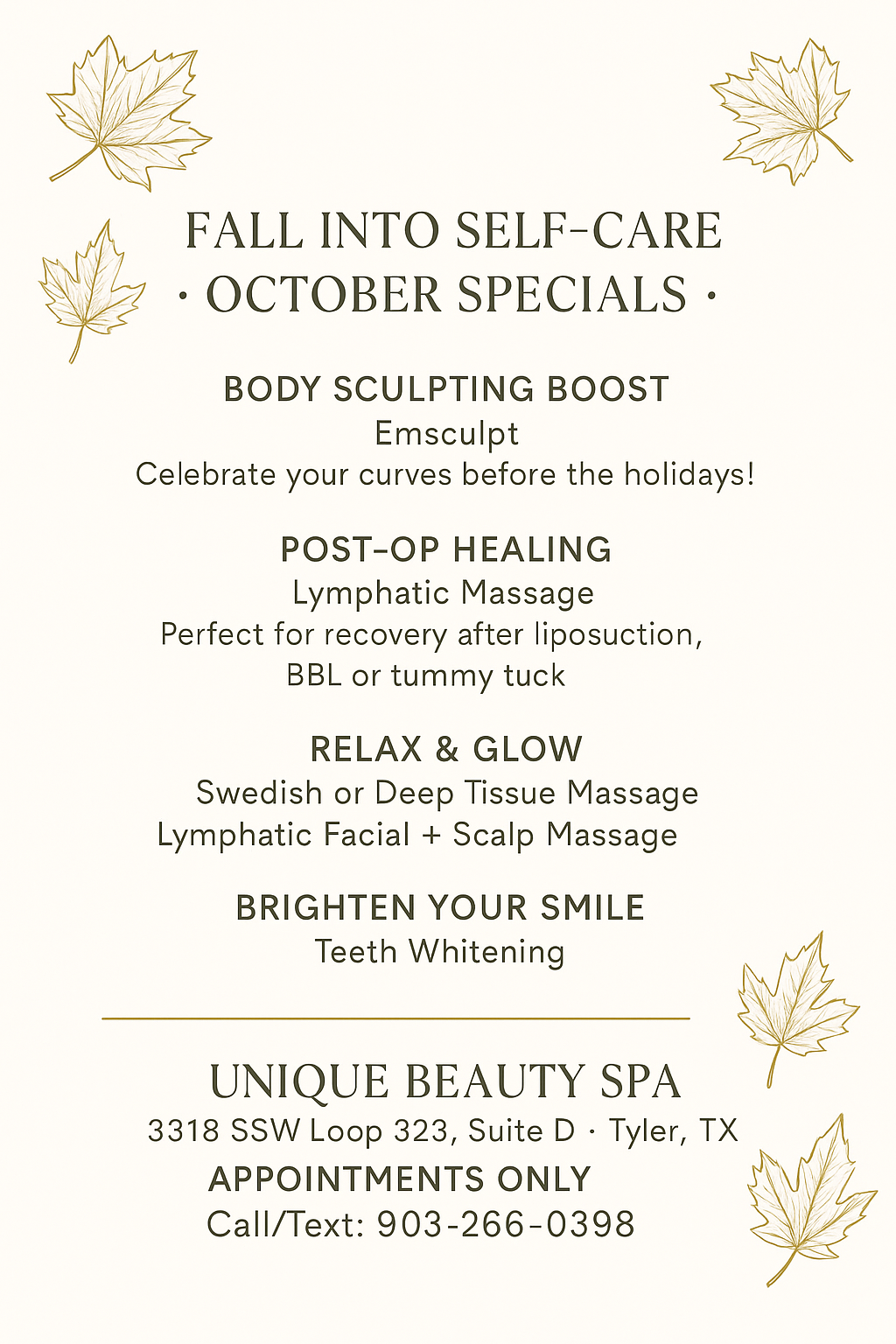 Unique Beauty Spa | Texas | 75701, 3318 S SW Loop 323 Suite D, Tyler Texas 75701
