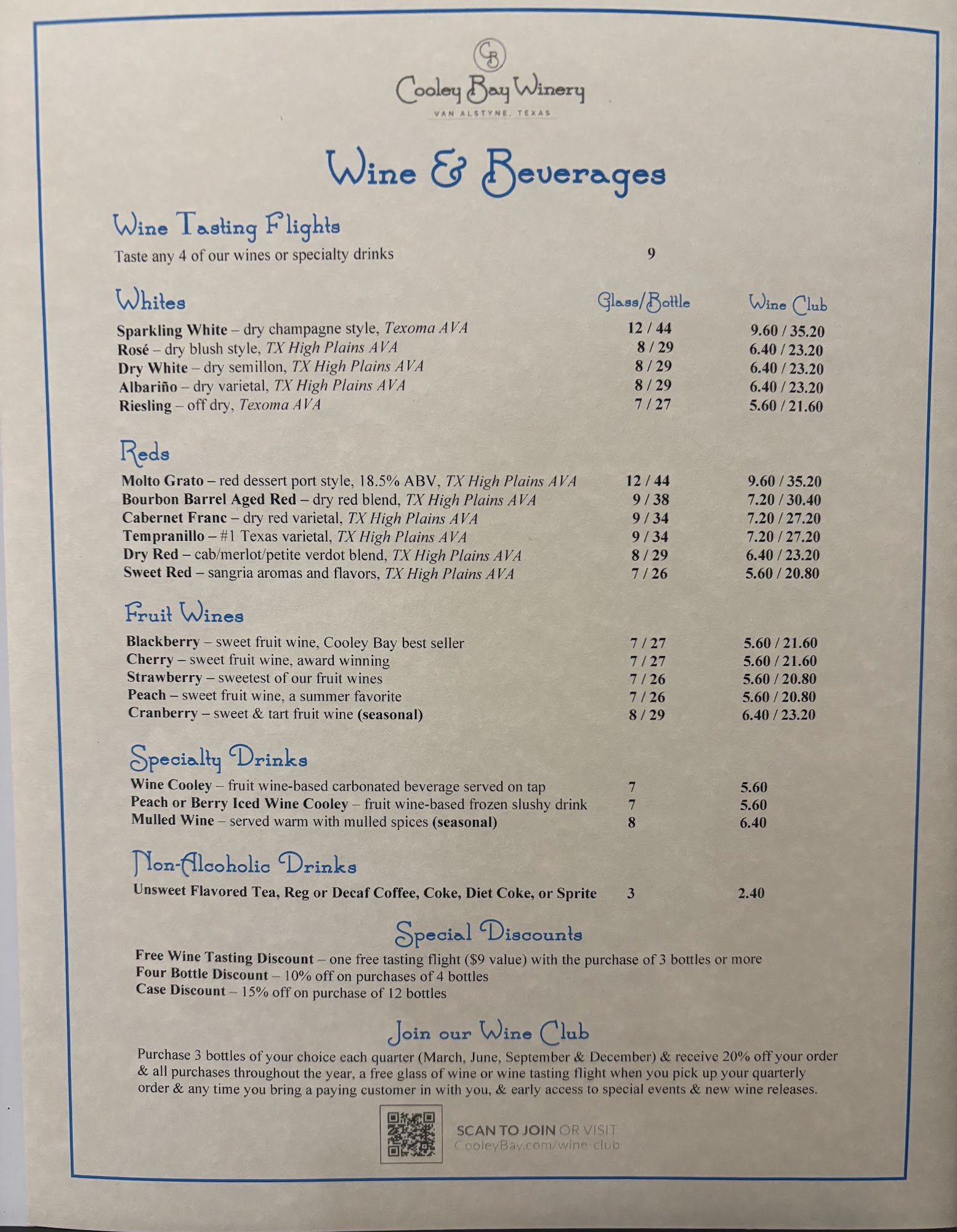 Cooley Bay Winery Menu
