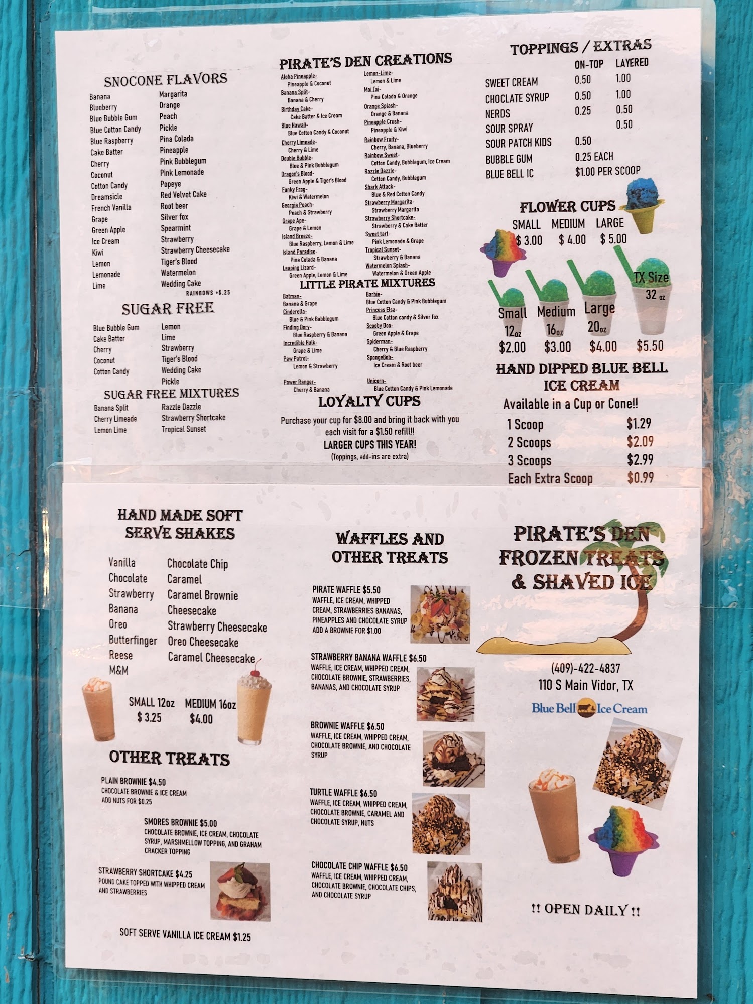 Pirate's Den Frozen Treats - Shaved Ice Snocones and Handmade Shakes & Malts Menu