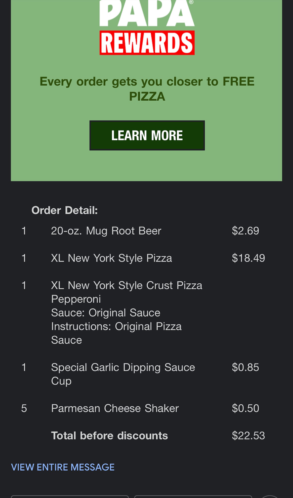 Papa Johns Pizza Menu