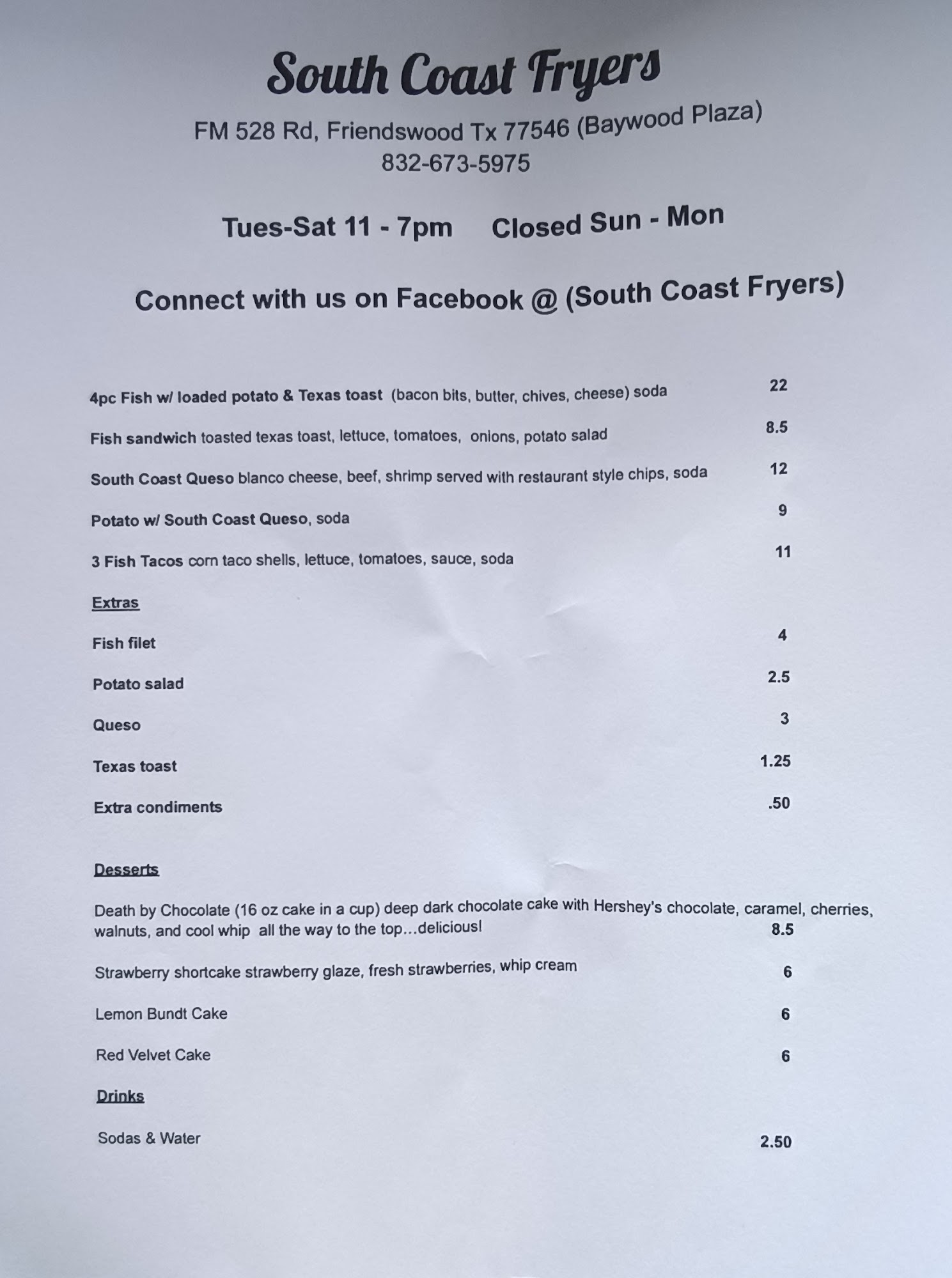 South Coast Fryers Menu
