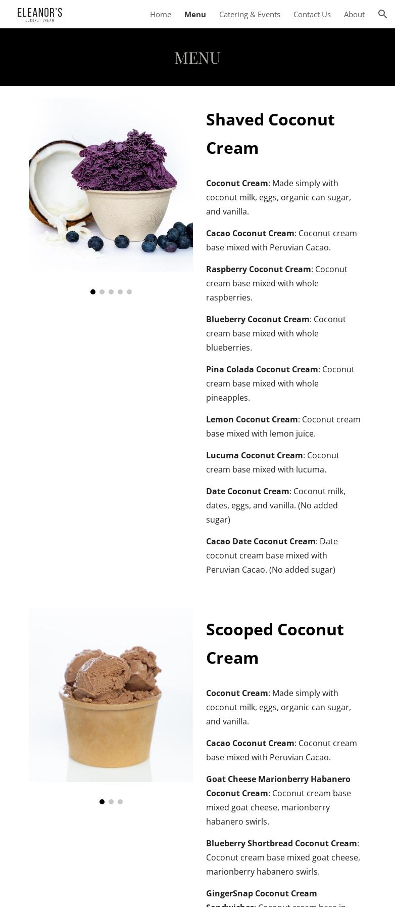 Eleanor's Coconut Cream Menu