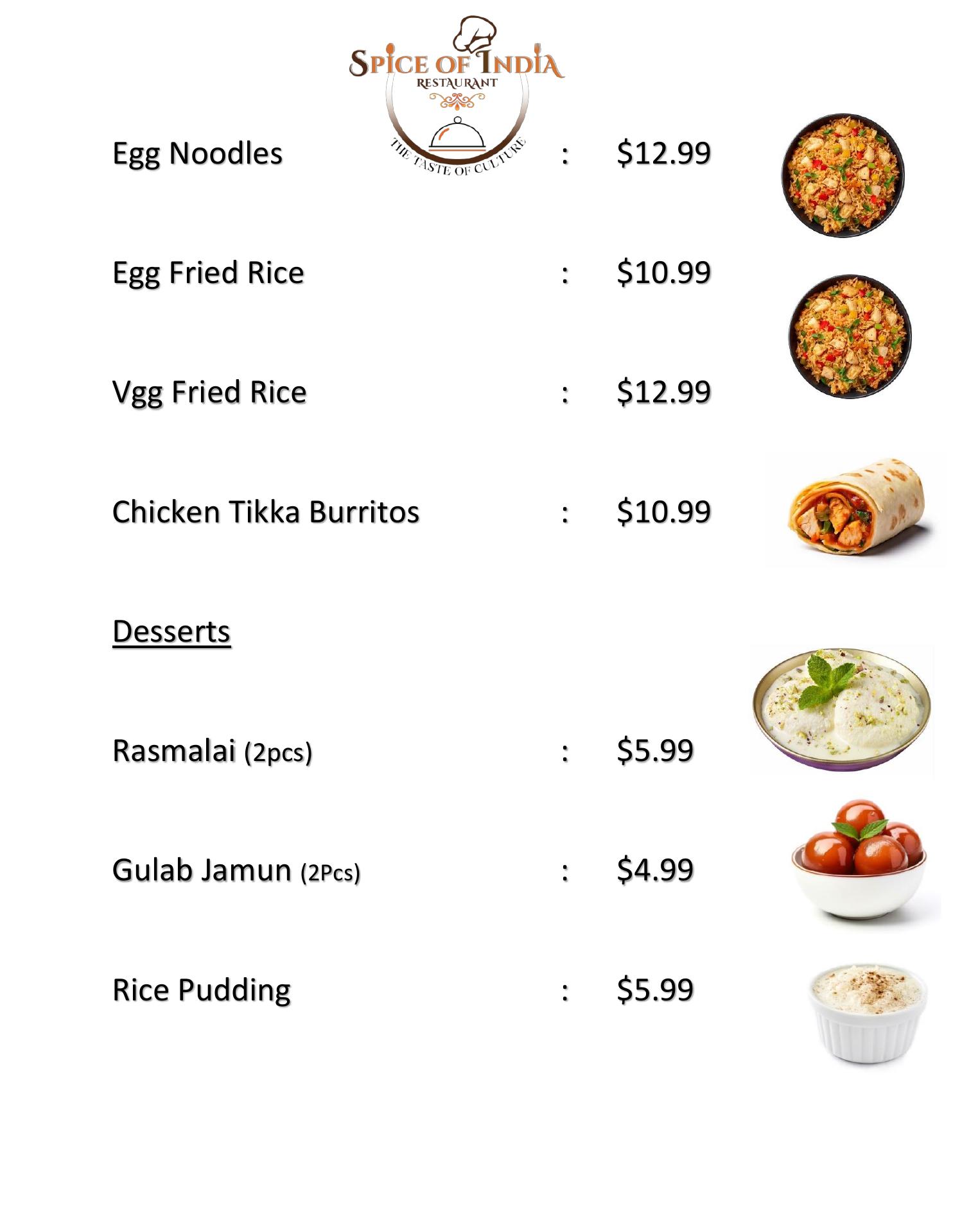 SPICE OF INDIA Menu