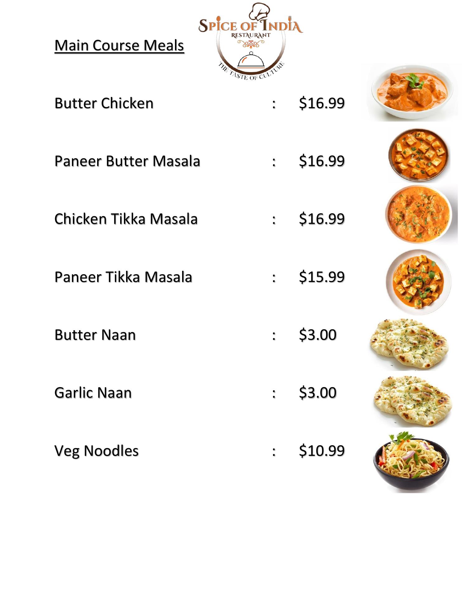 SPICE OF INDIA Menu