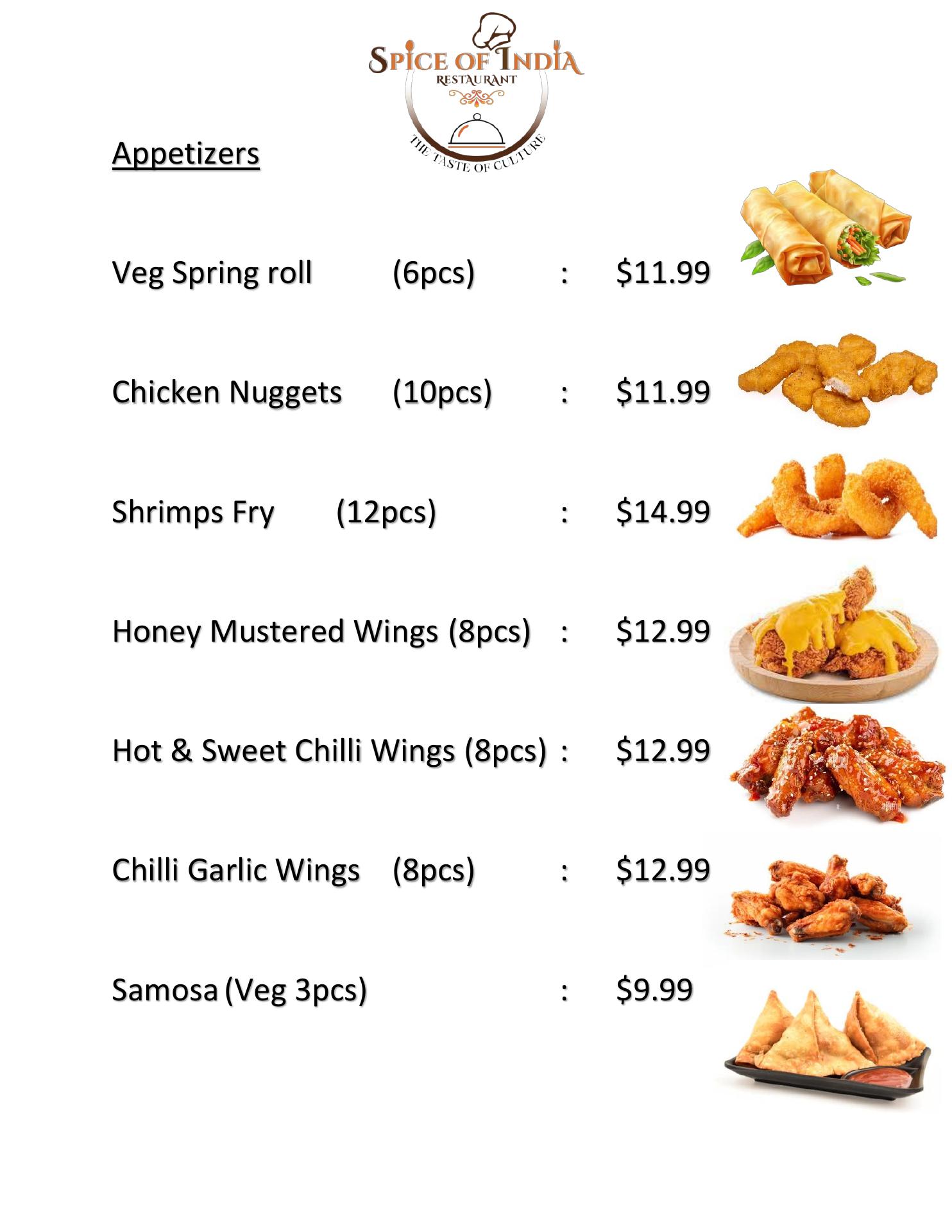 SPICE OF INDIA Menu