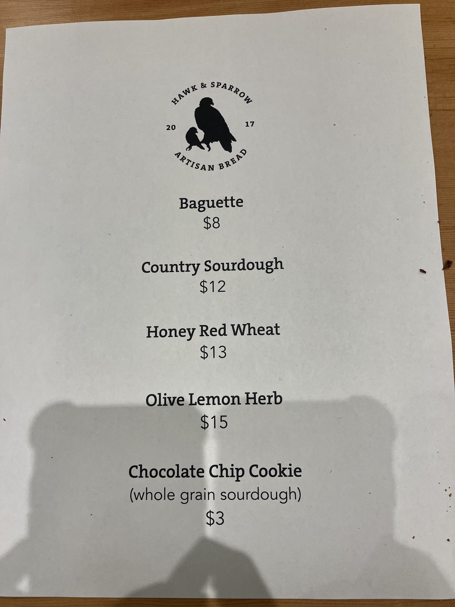 Hawk & Sparrow Menu