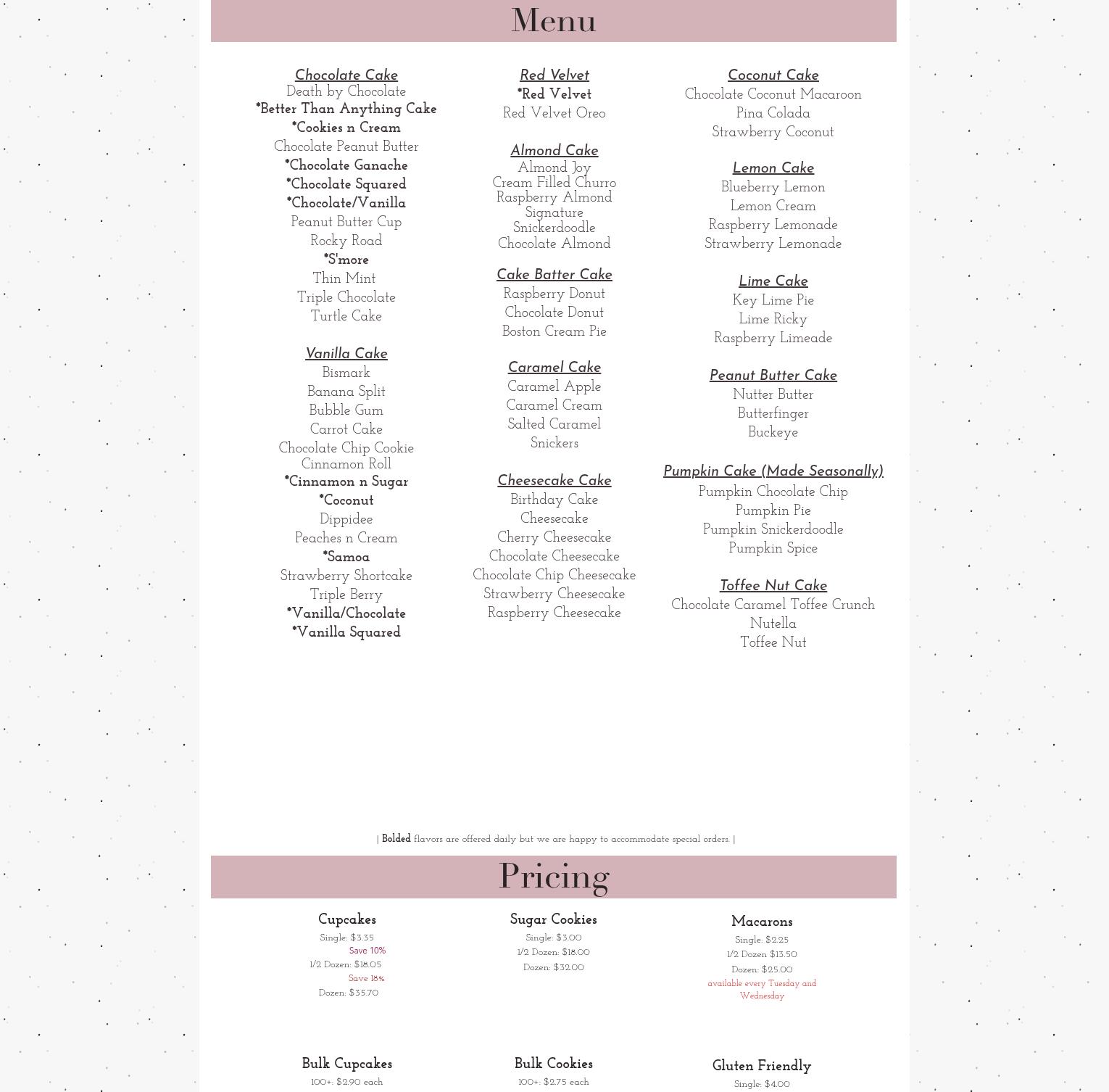 Temptation Cupcake Menu