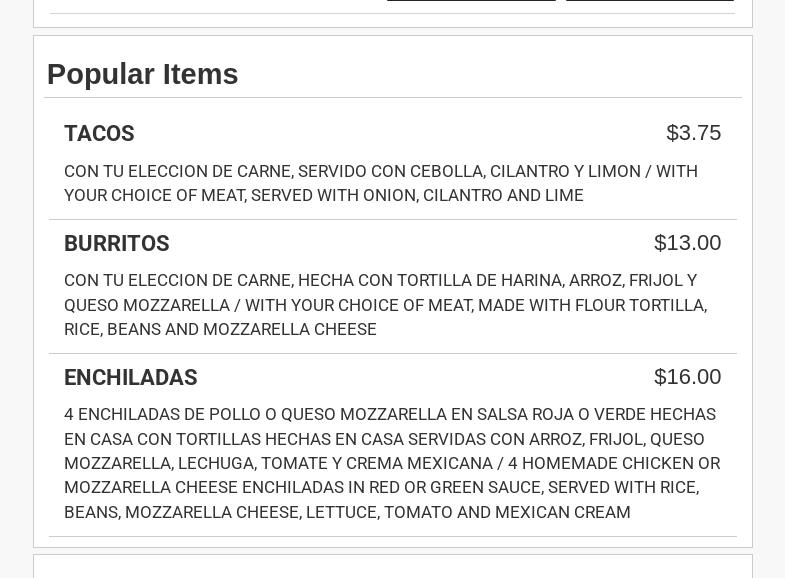 Maya's Mexican Food Menu