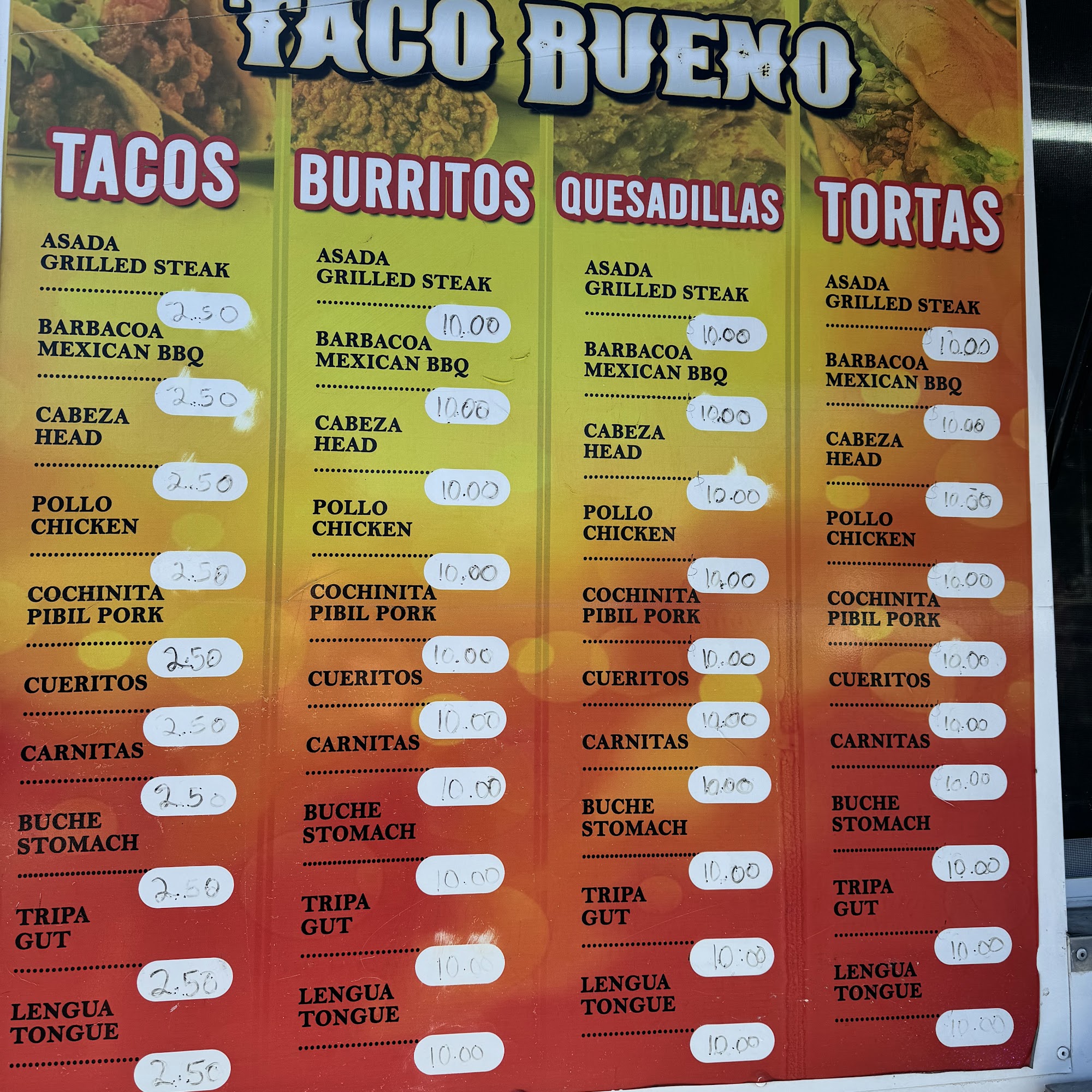 Taco Bueno Menu